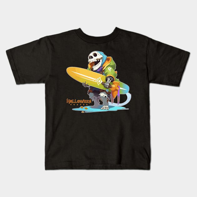 Halloween Beach Surfer Gnarly Skull Kids T-Shirt by DanielLiamGill